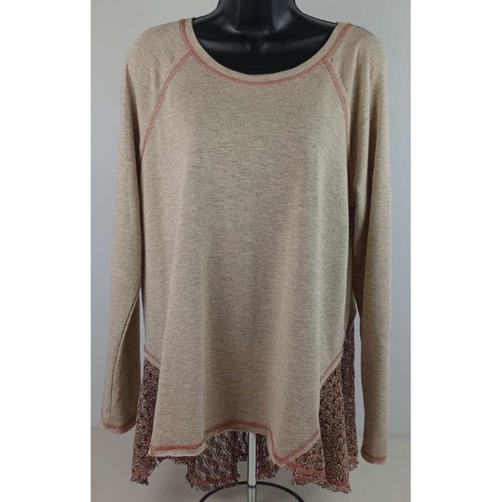 Oddy Women's XL Brown Flared Lace Bottom Pullover Long Sleeve Shirt Girly